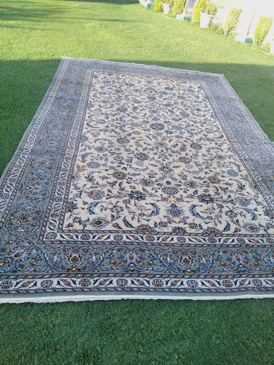 Indigo Ivory Garden Carpet, handmade Kashmiri carpet