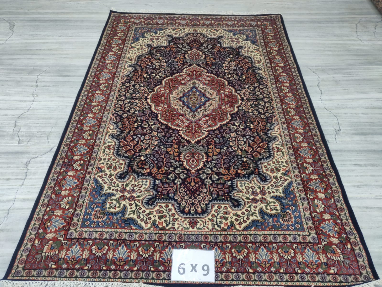 Navy Ruby Medallion Carpet, handmade Kashmiri carpet