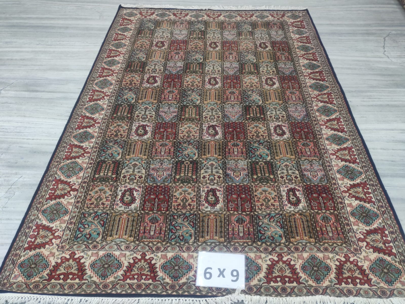 Muted Garden Panel Carpet, handmade Kashmiri carpet
