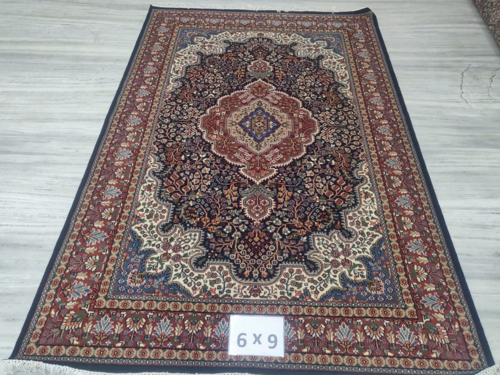 Navy Ruby Twin Medallion Carpet, handmade Kashmiri carpet