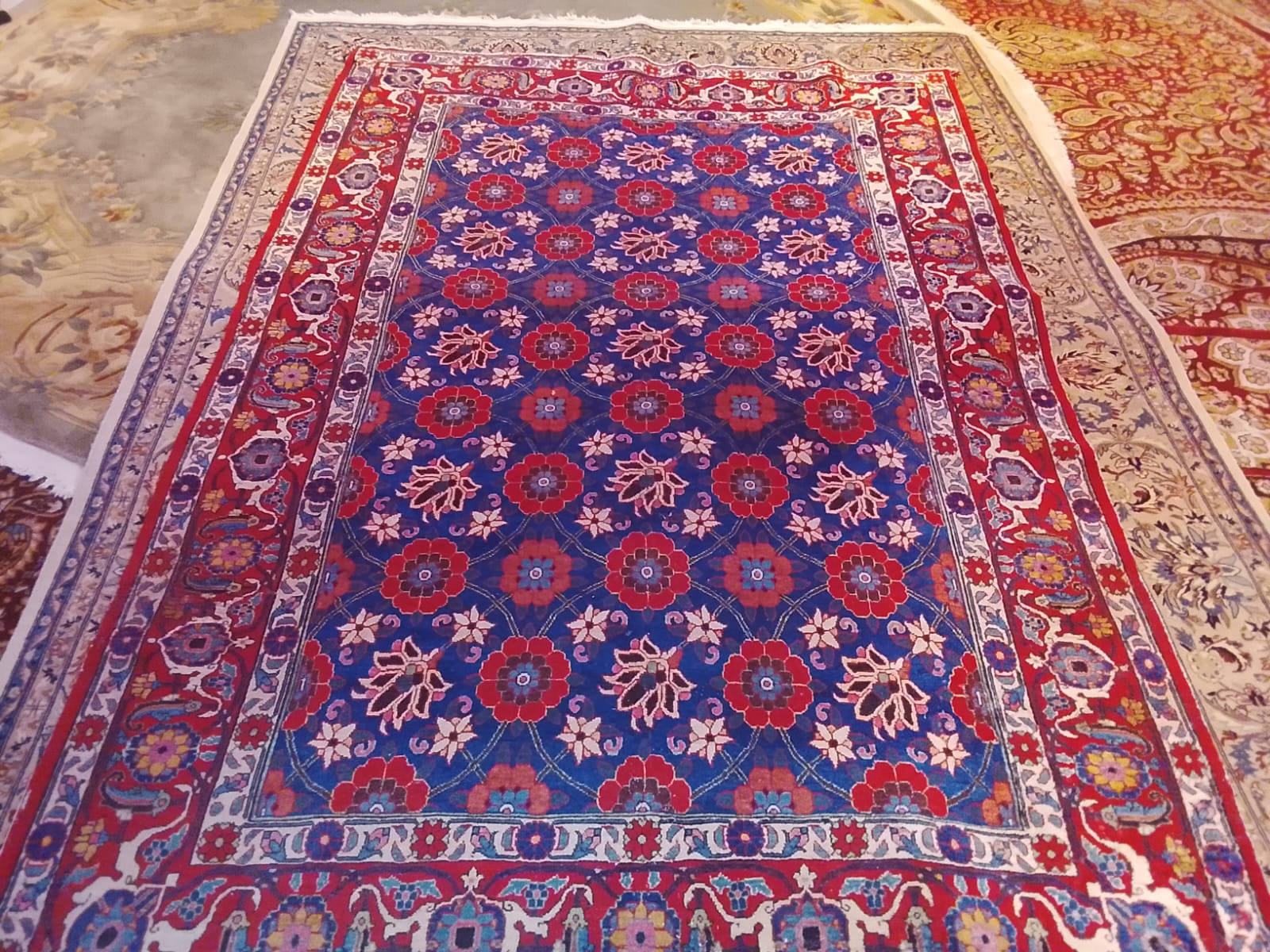 Ruby Blue Rosette Carpet, handmade Kashmiri carpet