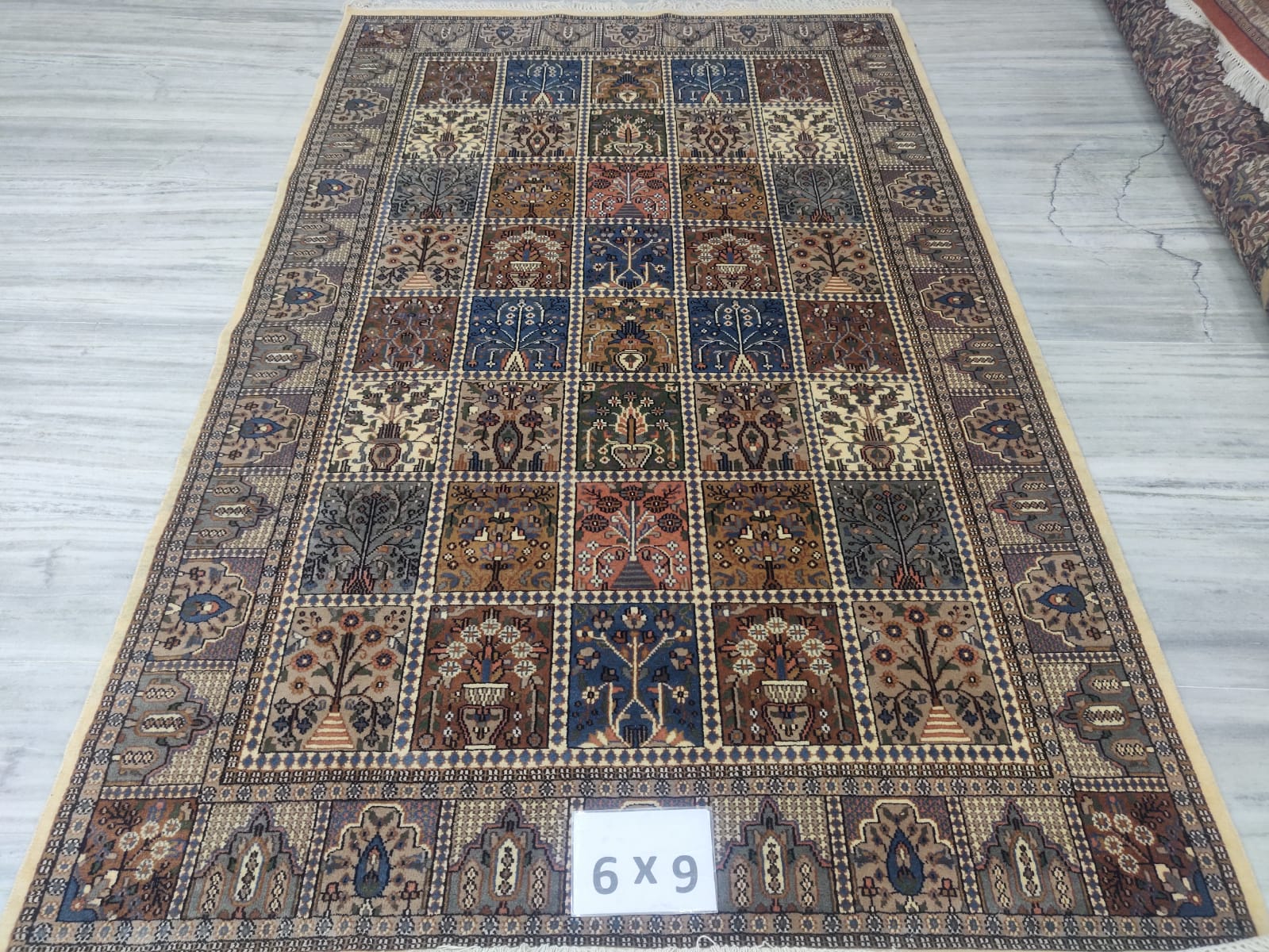 Sepia Garden Panel Carpet, handmade Kashmiri carpet